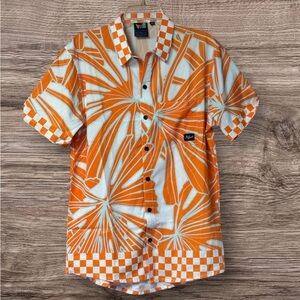 NWOT B fresh colorful Button Down Short Sleeve shirt SZ M Orange/White